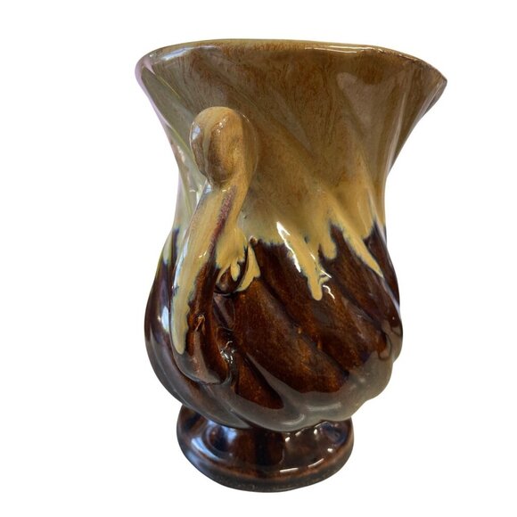 Vintage Brown & Tan Ceramic Vase With Swirled Handles & Drip Glaze Finish - Picture 3 of 6